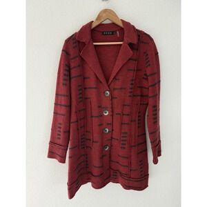 Zozo 100% Wool Long Cardigan Jacket Large Womens Red Button Textured Artsy